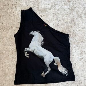Black One-Shoulder Top with White Horse Print